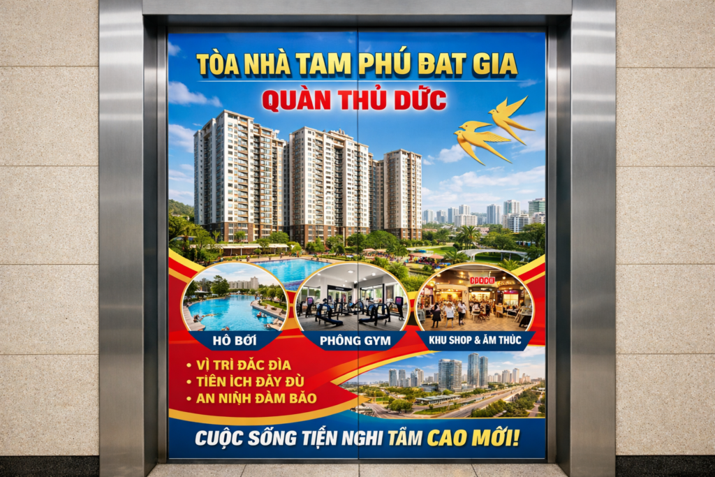 Quảng cáo dán poster thang máy tòa nhà Tam phú Đạt Gia QUẬN THỦ ĐỨC