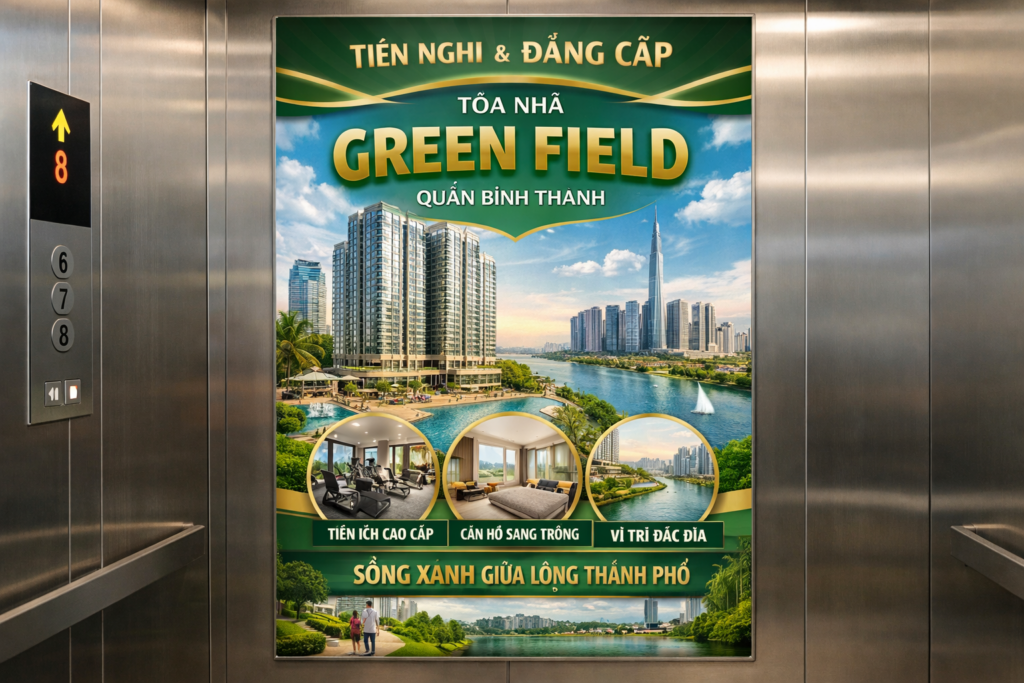 Quảng cáo dán poster thang máy tòa nhà Green Field QUẬN BÌNH THẠNH