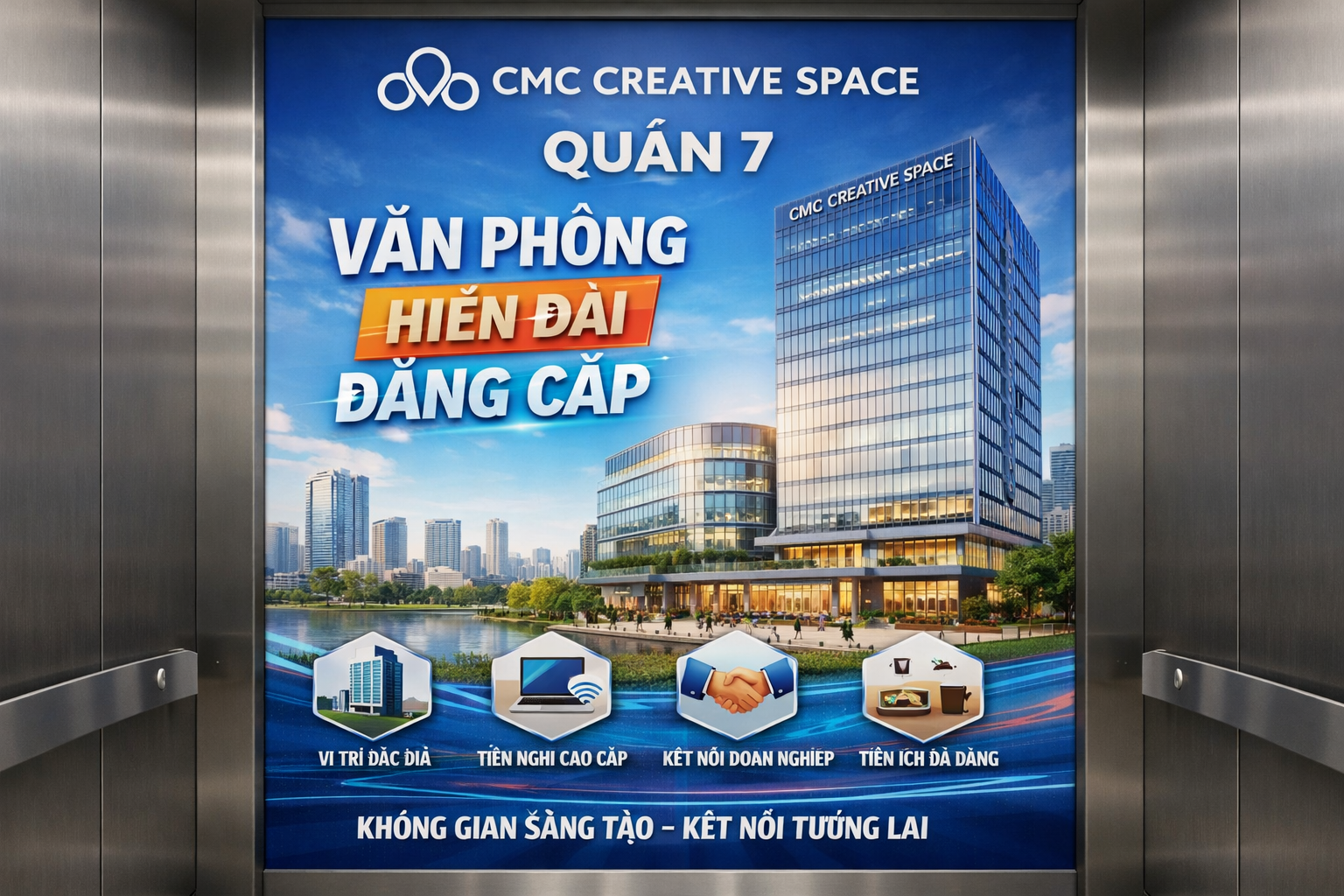 Quảng cáo dán poster thang máy tòa nhà Cmc Creative Space QUẬN 7