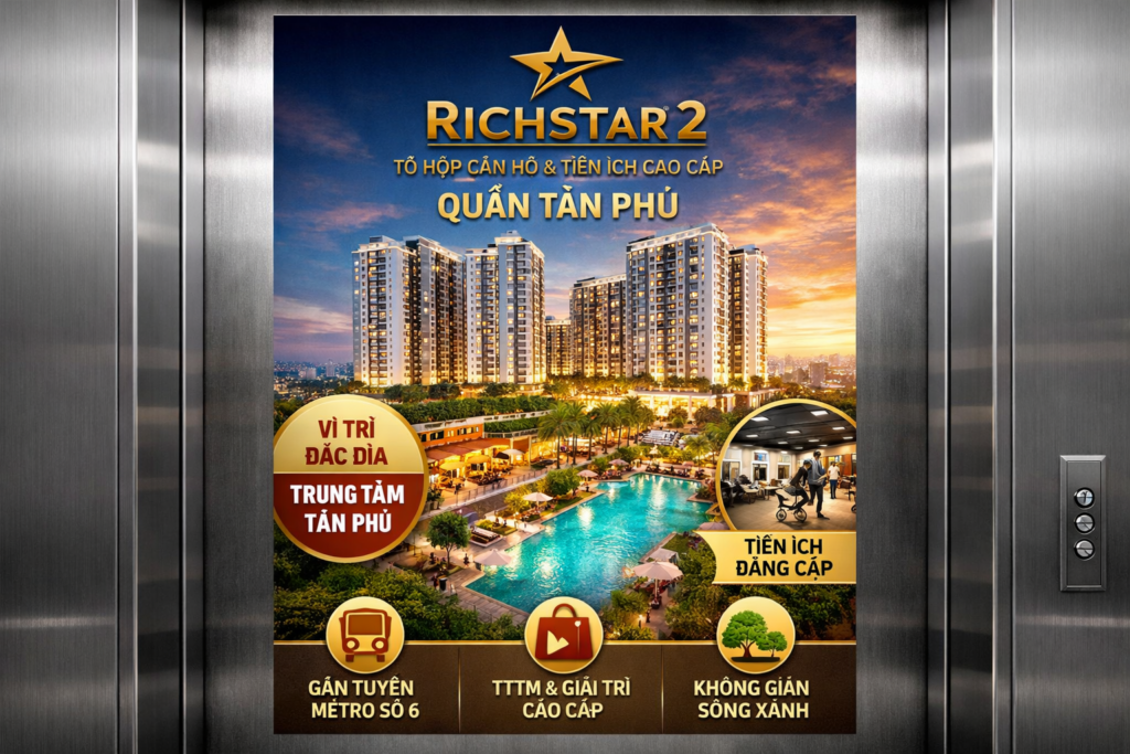 Quảng cáo dán poster thang máy tòa nhà Richstar 2 QUẬN TÂN PHÚ
