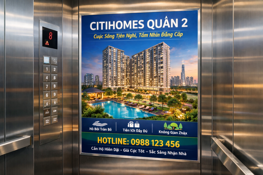 quảng cáo dán poster trong thang máy tại Citihome Quận 2
