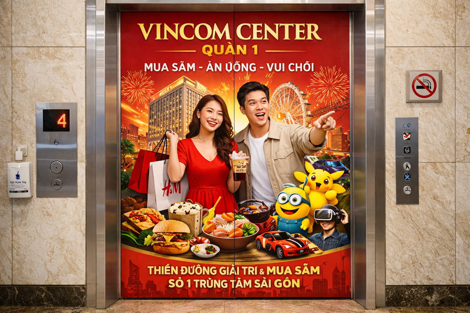 quảng cáo qua dán poster thang máy tại Vincom Central Quận 1