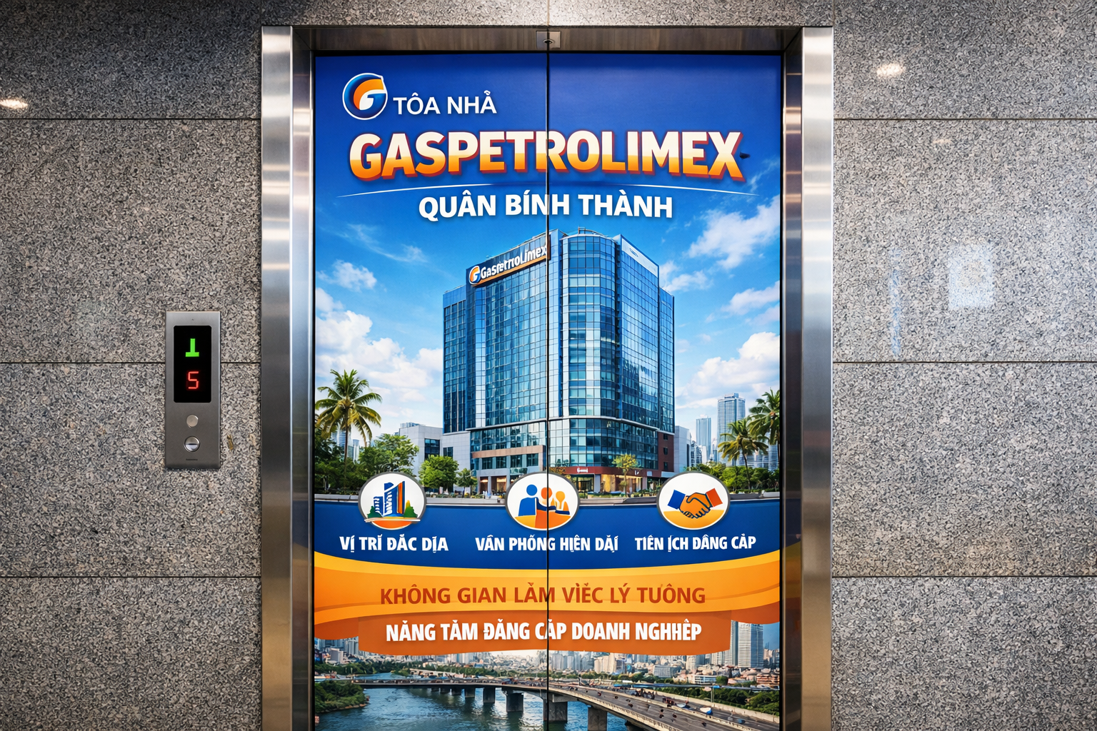 Quảng cáo dán poster thang máy tòa nhà Gaspetrolimex QUẬN BÌNH THẠNH