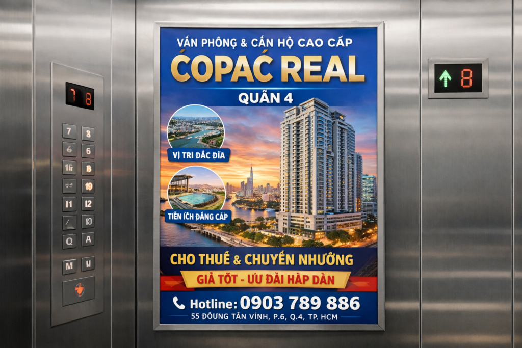 quảng cáo dán poster trong thang máy tòa nhà Copac Real Quận 4