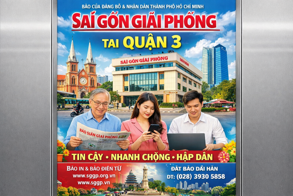 quảng cáo dán poster thang máy tại tòa nhà Báo Sài Gòn Giải Phóng QUẬN 3