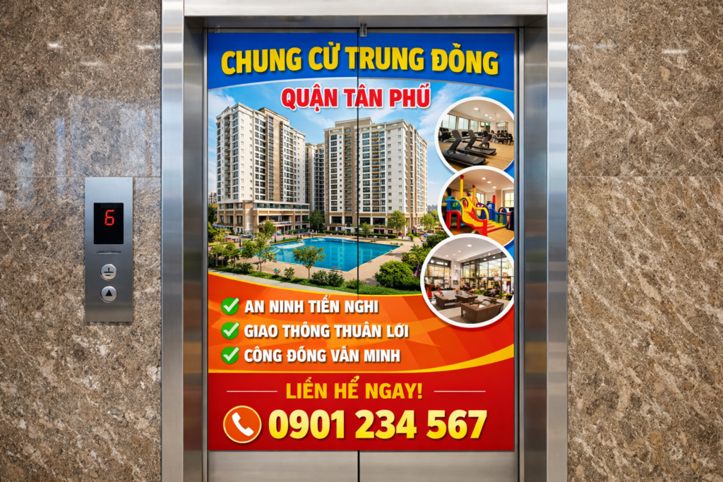 Quảng cáo dán poster thang máy tòa nhà Chung cư Trung Đông QUẬN TÂN PHÚ