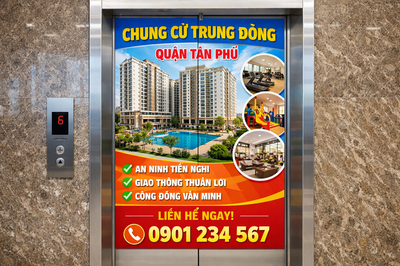 Quảng cáo dán poster thang máy tòa nhà Chung cư Trung Đông QUẬN TÂN PHÚ