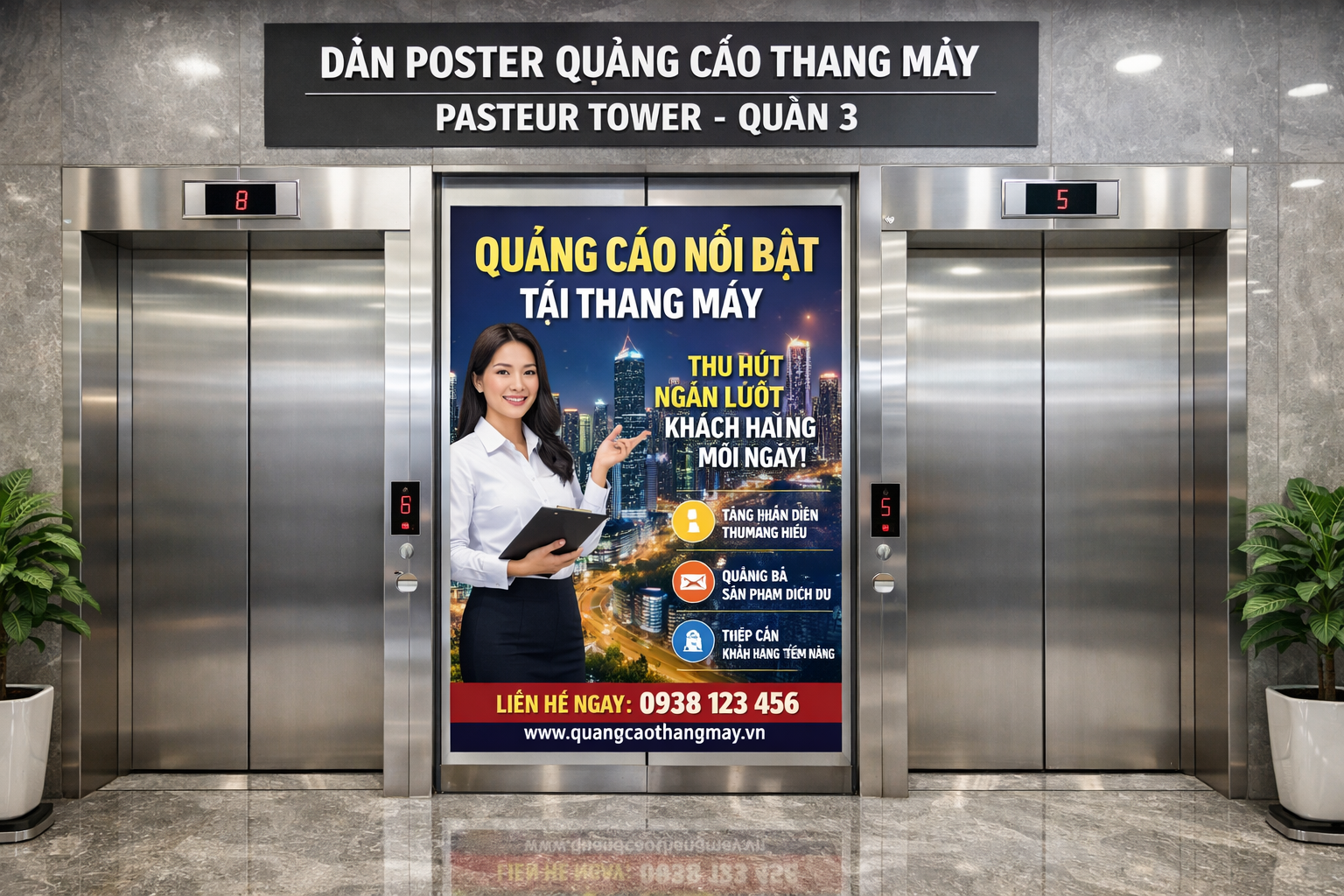  Quảng Cáo Qua Dán Poster Thang Máy Tại Pasteur Tower Quận 3