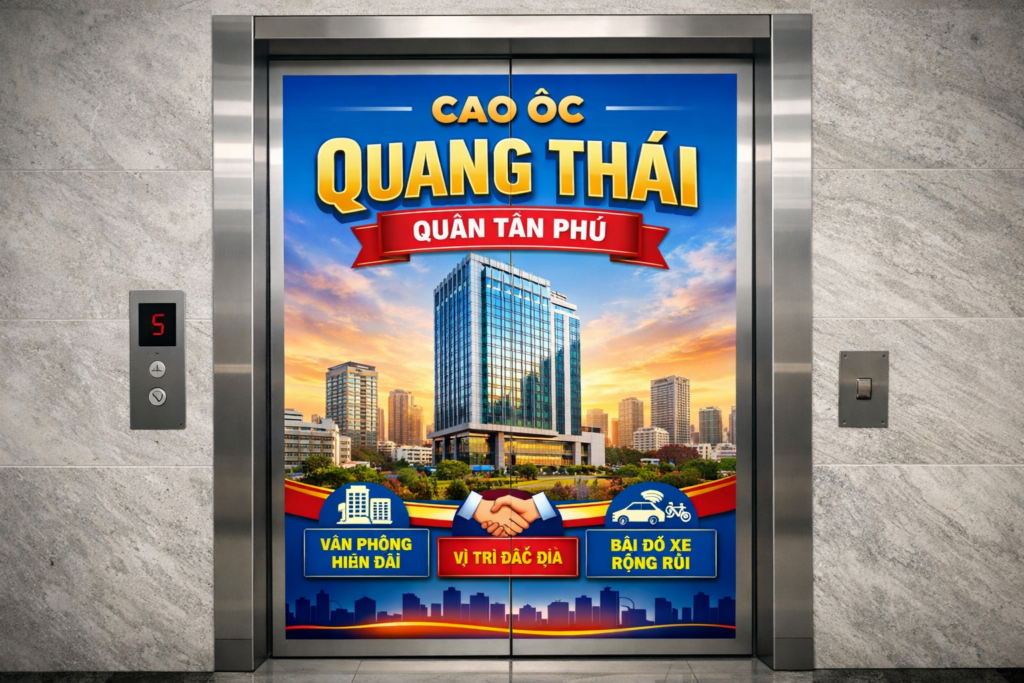 Quảng cáo dán poster thang máy tòa nhà Cao ốc Quang Thái QUẬN TÂN PHÚ
