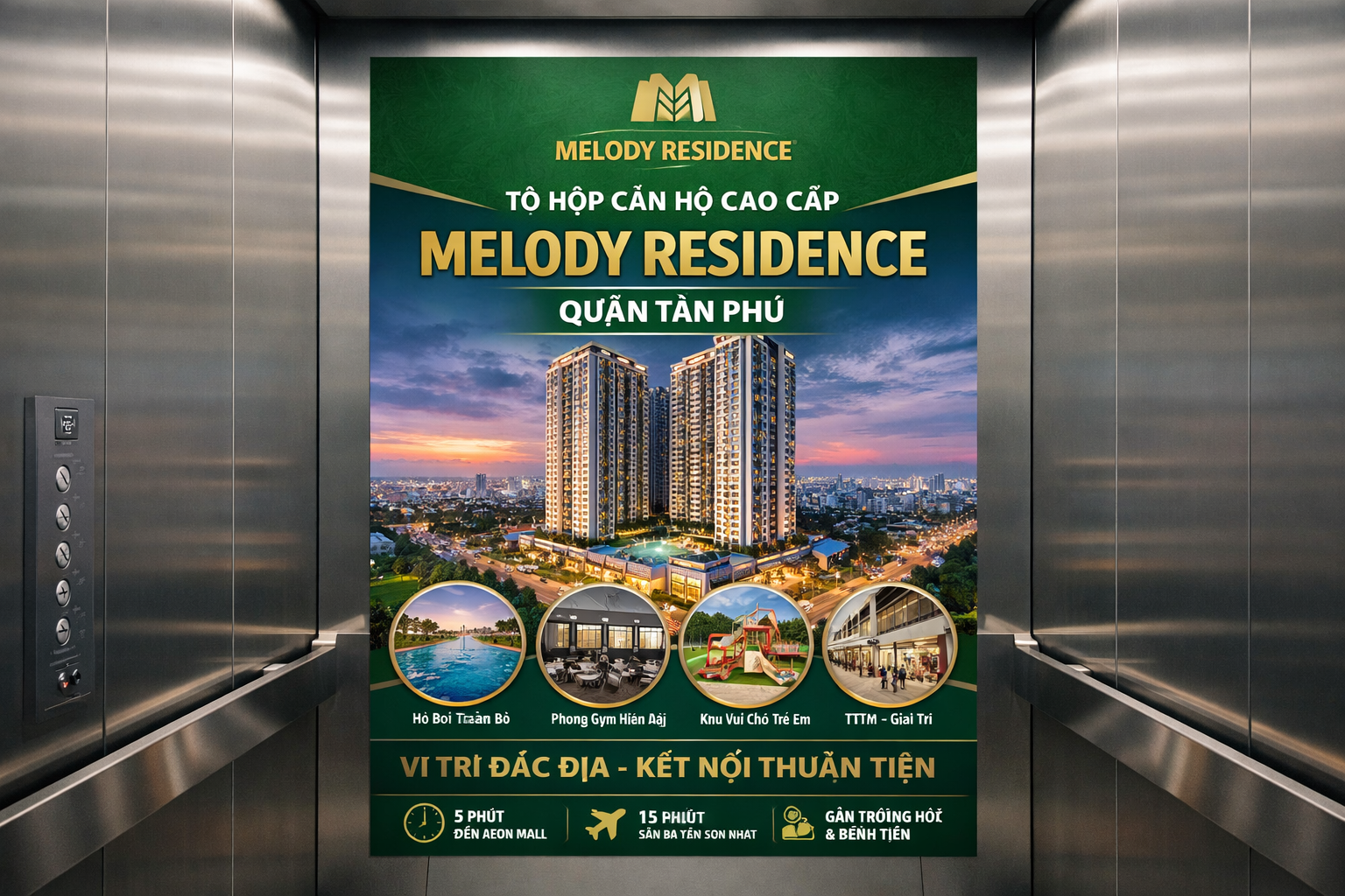 Quảng cáo dán poster thang máy tòa nhà Melody Residence QUẬN TÂN PHÚ