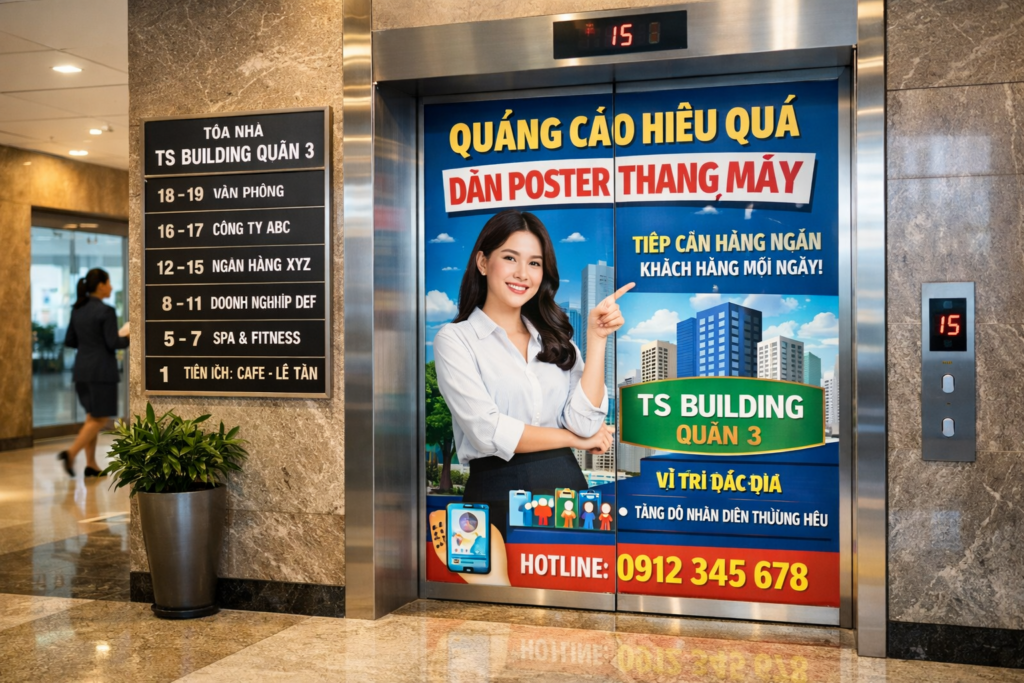 quảng cáo hiệu quả qua dán poster thang máy tại Ts Building Quận 3