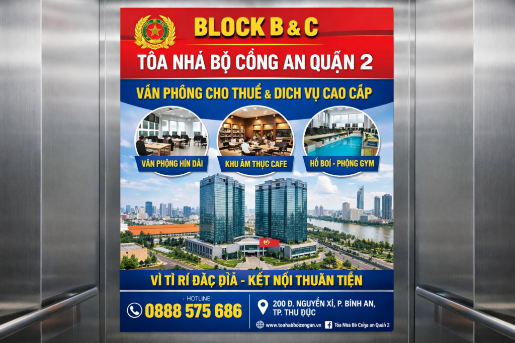 quảng cáo dán poster thang máy tại Block B và C tòa nhà Bộ Công An Quận 2