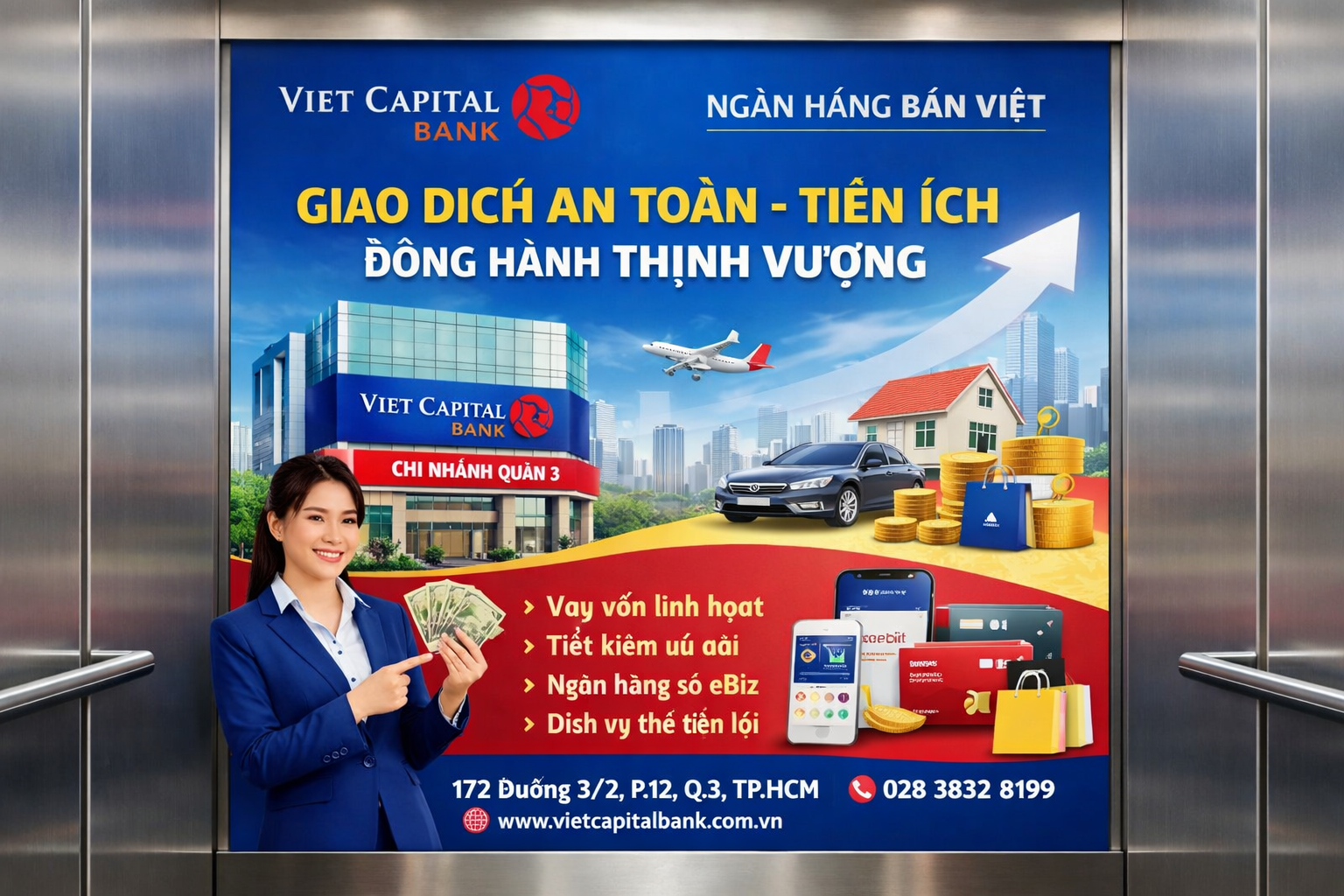 quảng cáo dán poster thang máy tại Viet Capital Bank QUẬN 3