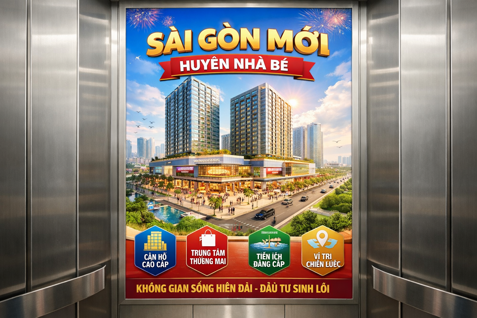 Quảng cáo dán poster thang máy tòa nhà SÀI GÒN MỚI HUYỆN NHÀ BÈ
