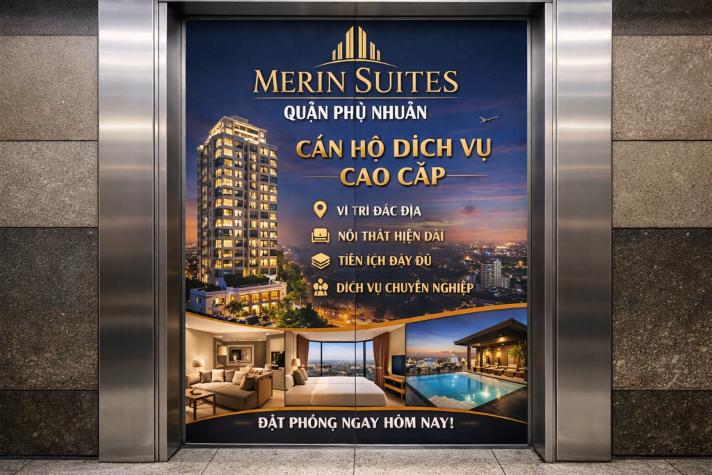 Quảng cáo dán poster thang máy tòa nhà Merin Suites QUẬN PHÚ NHUẬN
