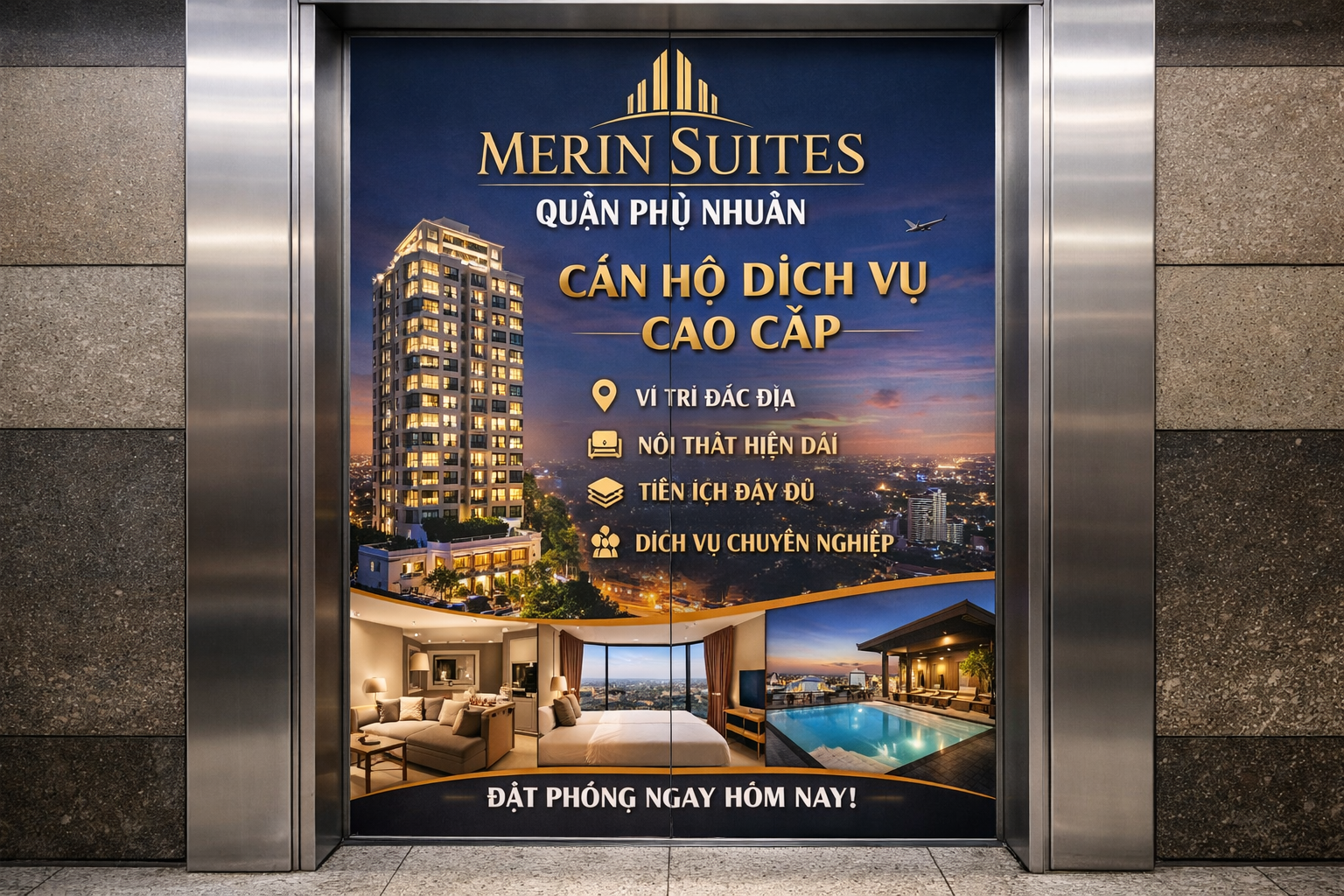 Quảng cáo dán poster thang máy tòa nhà Merin Suites QUẬN PHÚ NHUẬN