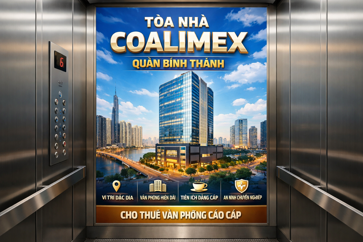 Quảng cáo dán poster thang máy tòa nhà Coalimex QUẬN BÌNH THẠNH