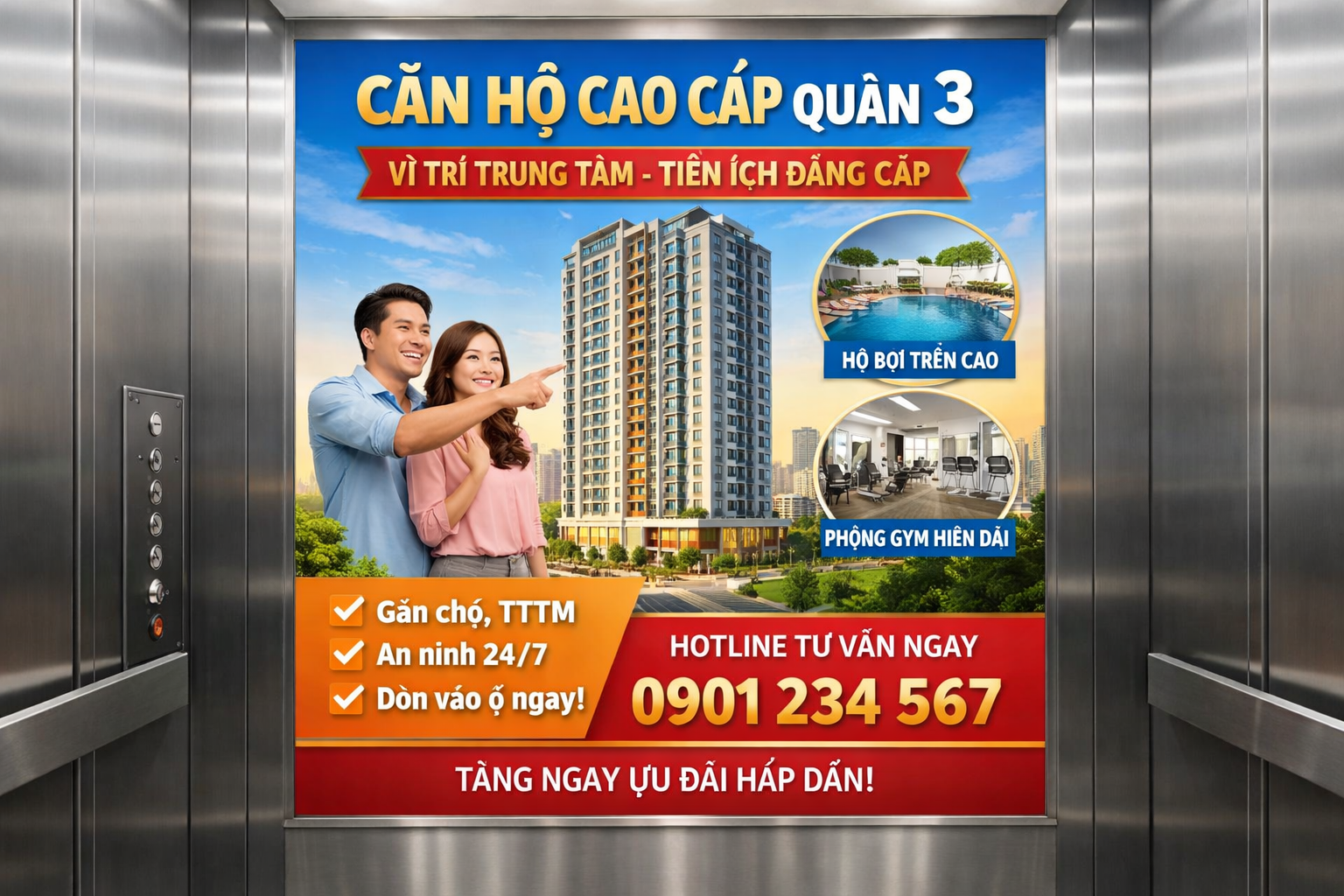 quảng cáo poster trong thang máy tòa nhà tại Quận 3 hiệu quả