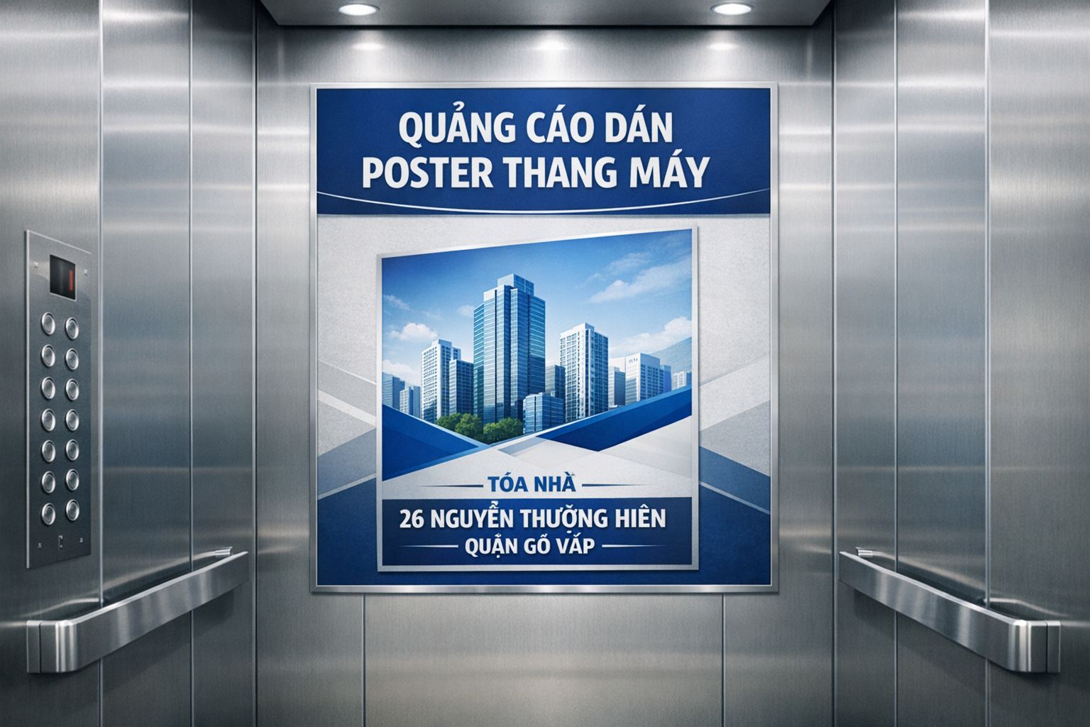 Quảng cáo dán poster thang máy tòa nhà 26 Nguyễn Thượng Hiền QUẬN GÒ VẤP