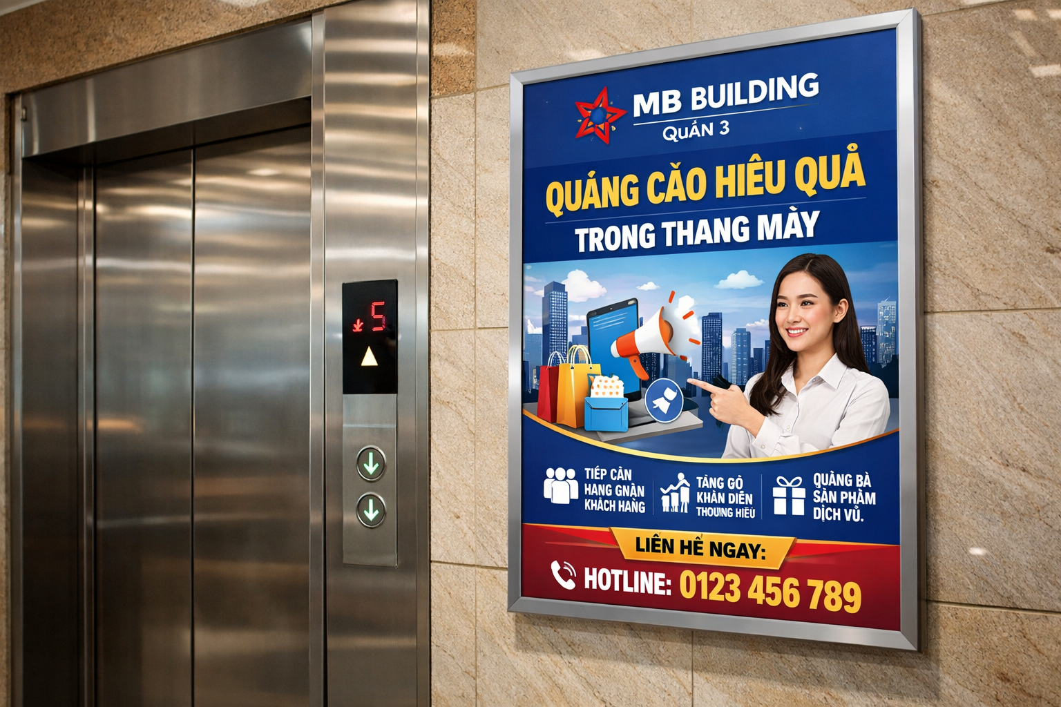 quảng cáo hiệu quả qua poster trong thang máy tòa nhà Mb Building Quận 3