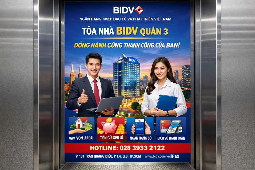 quảng cáo dán poster thang máy tại tòa nhà Bidv QUẬN 3