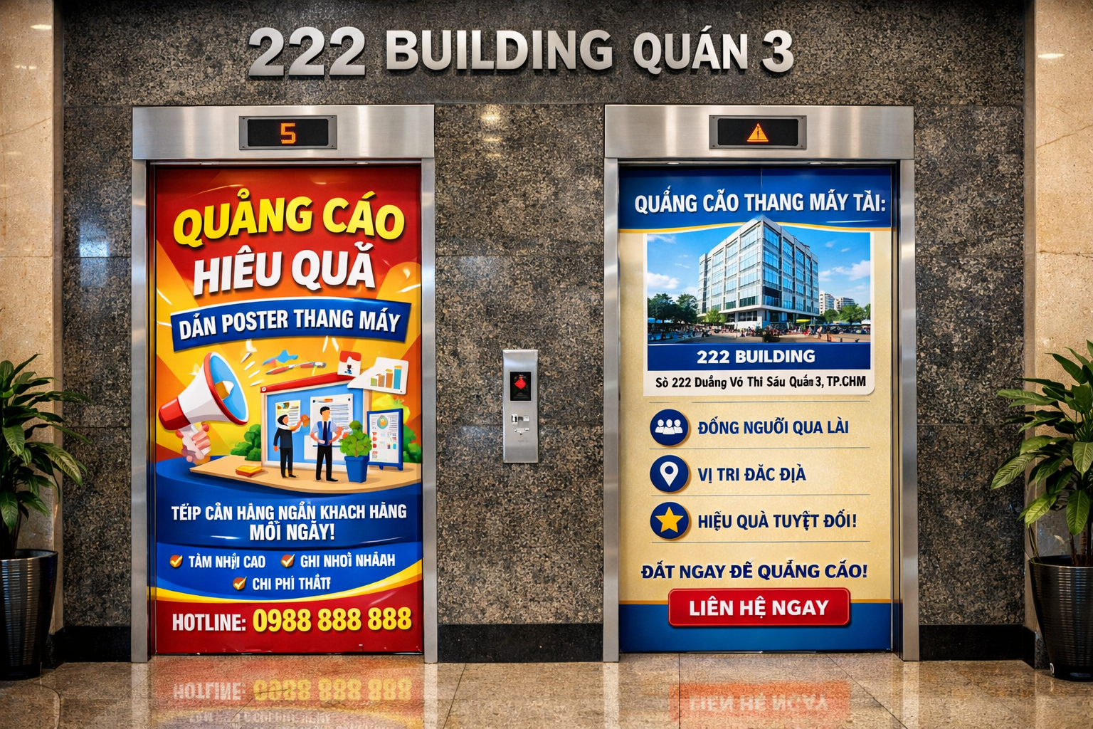 quảng cáo hiệu quả qua dán poster thang máy tại tòa nhà 222 Building Quận 3