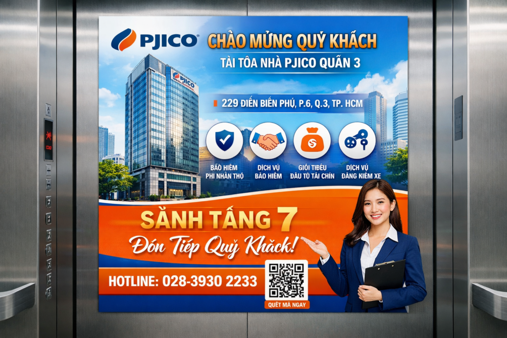 quảng cáo qua poster thang máy tại tòa nhà Pjico QUẬN 3