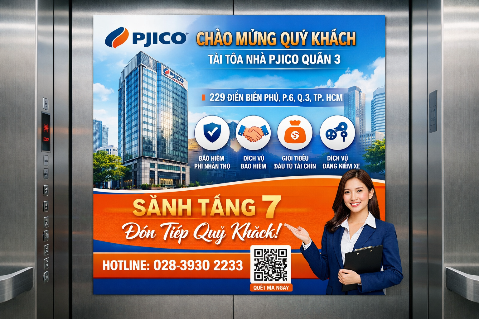quảng cáo qua poster thang máy tại tòa nhà Pjico QUẬN 3