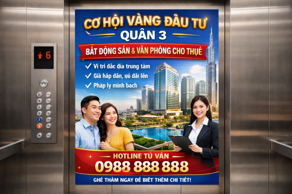 quảng cáo dán poster trong thang máy tòa nhà tại Quận 3