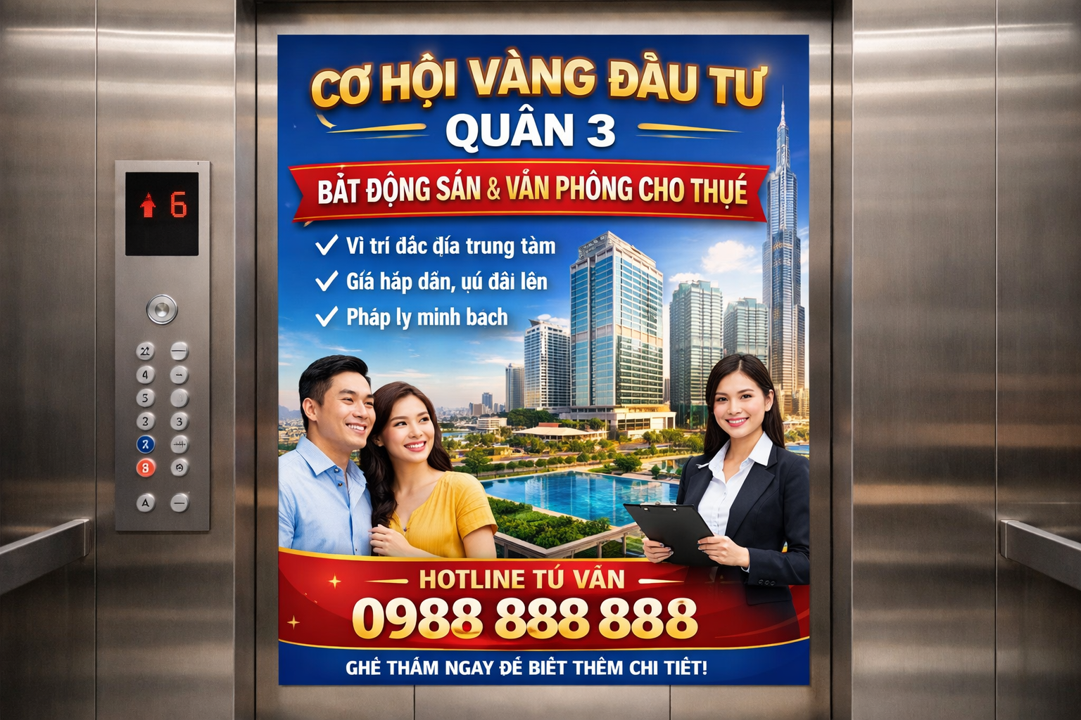 quảng cáo dán poster trong thang máy tòa nhà tại Quận 3
