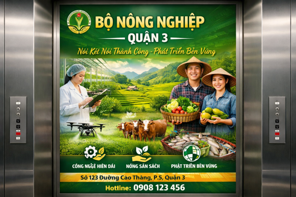 quảng cáo poster trong thang máy tòa nhà Bộ Nông Nghiệp QUẬN 3