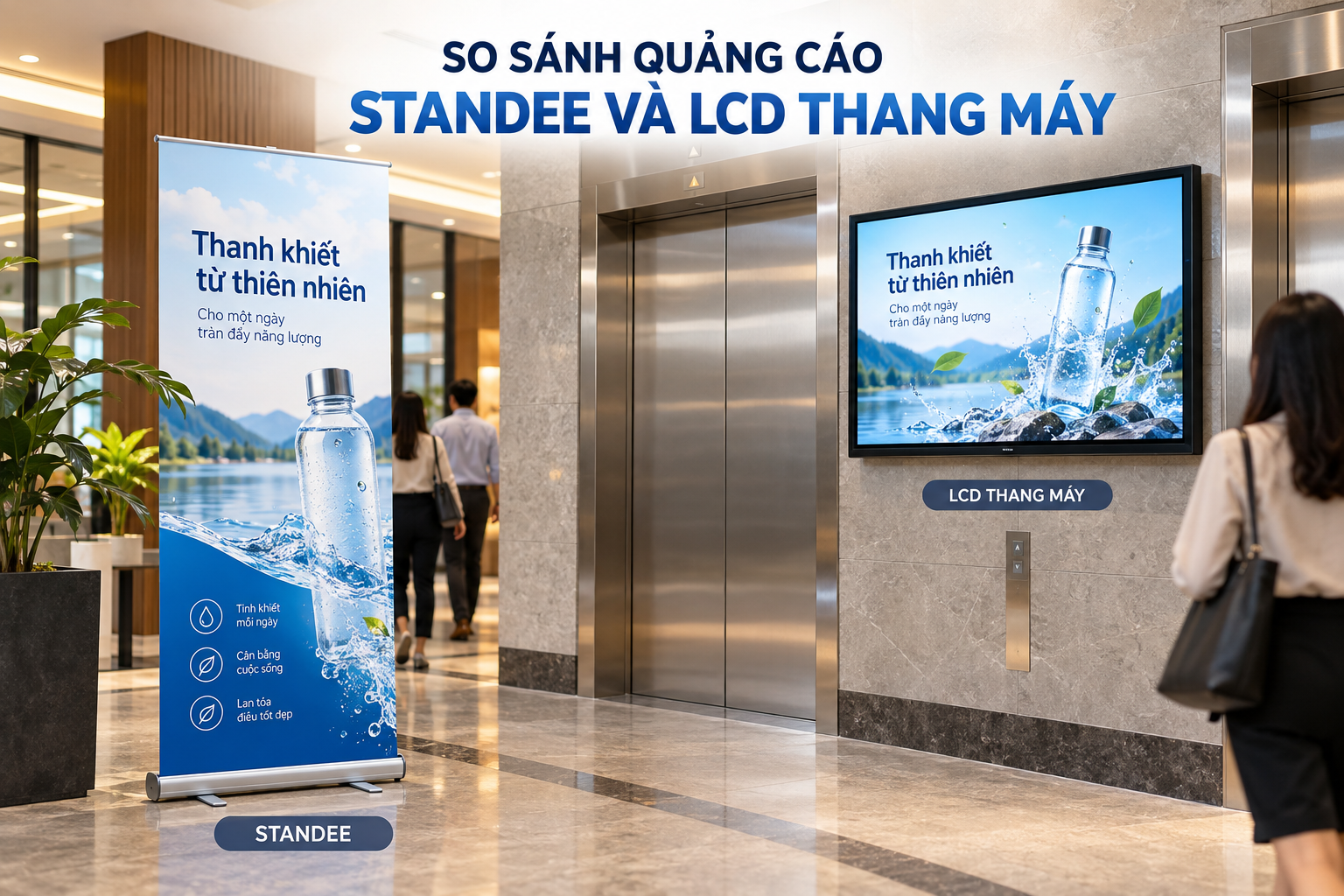 So sánh quảng cáo Standee và LCD thang máy