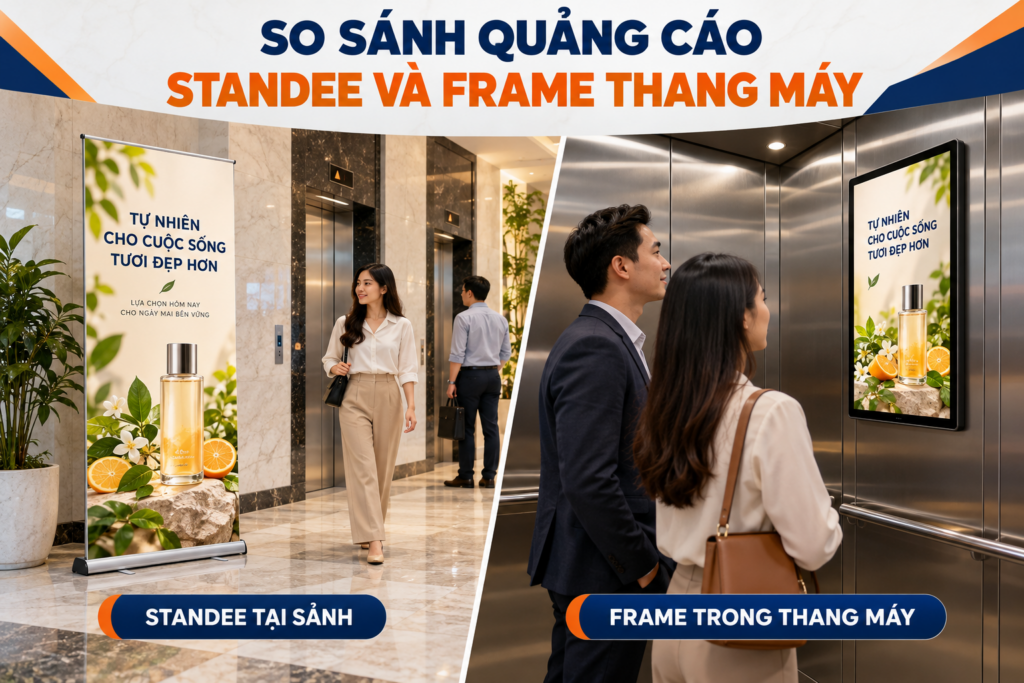 So sánh quảng cáo Standee và Frame thang máy