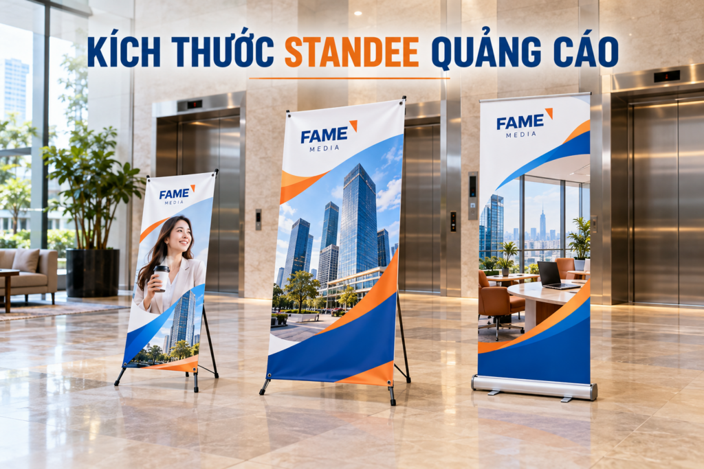 Kích thước standee quảng cáo phổ biến gồm 60 × 160 cm, 80 × 180 cm và 80 × 200 cm, tùy loại khung sử dụng